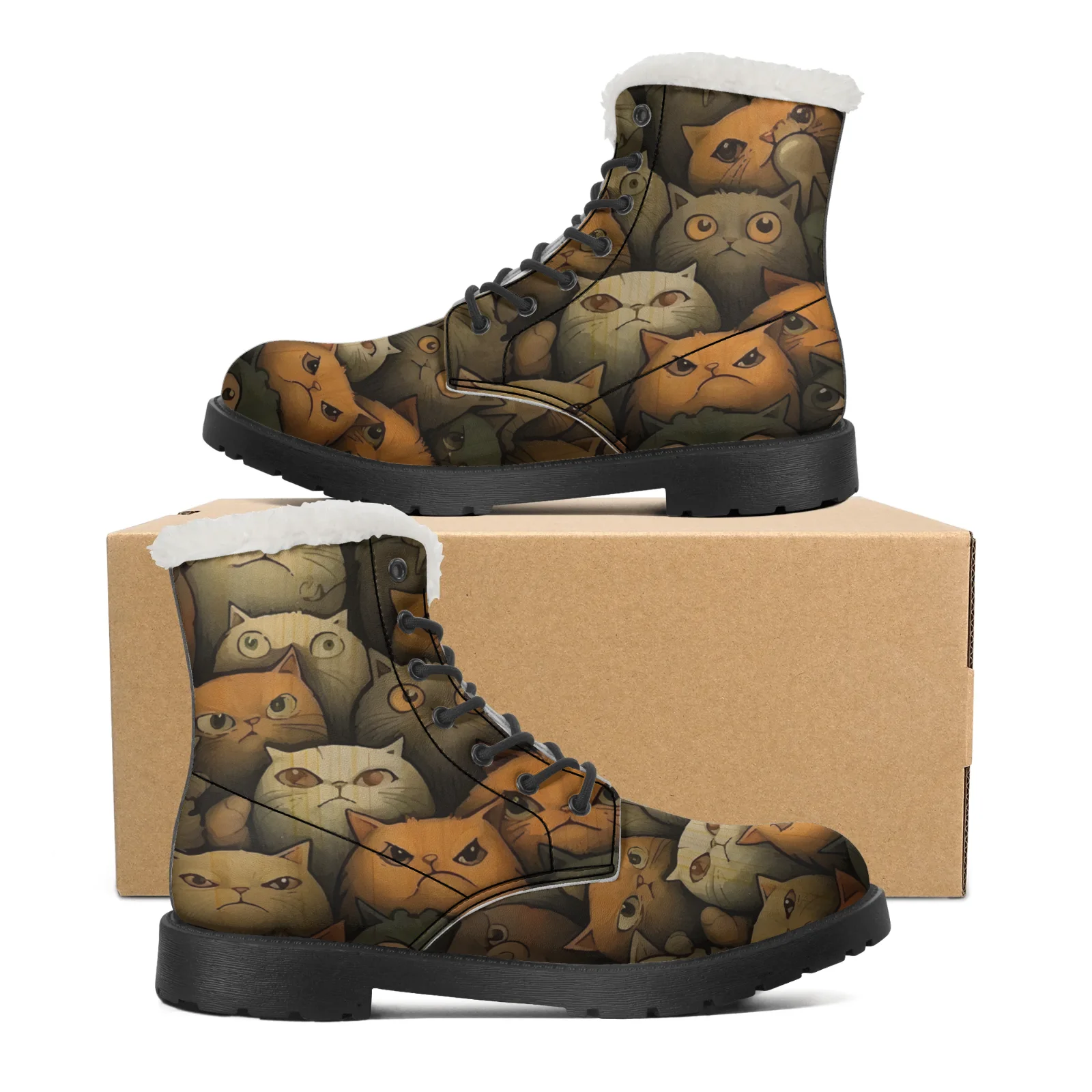 Men Shoes Eu To Us - 귀여운 고양이 프린트 플러시 스노우 부츠